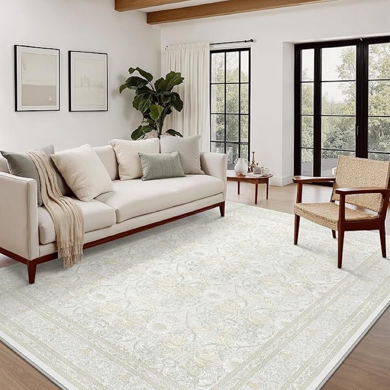 Bavni Vintage Floral Rugs 8x10, Washable Area Rug with Non Slip Backing, Low Pile for Living Room, B