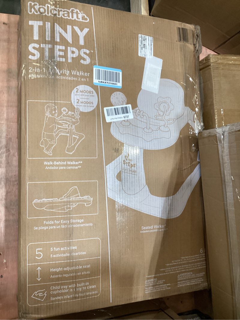 Condition photo showing As Is for kolcraft tiny steps 2 in 1 foldable infant and baby walker with wheels, seated or walk behind activity center, entertaining developmental activities for boys and girls, wide base sturdy frame, bubbles
