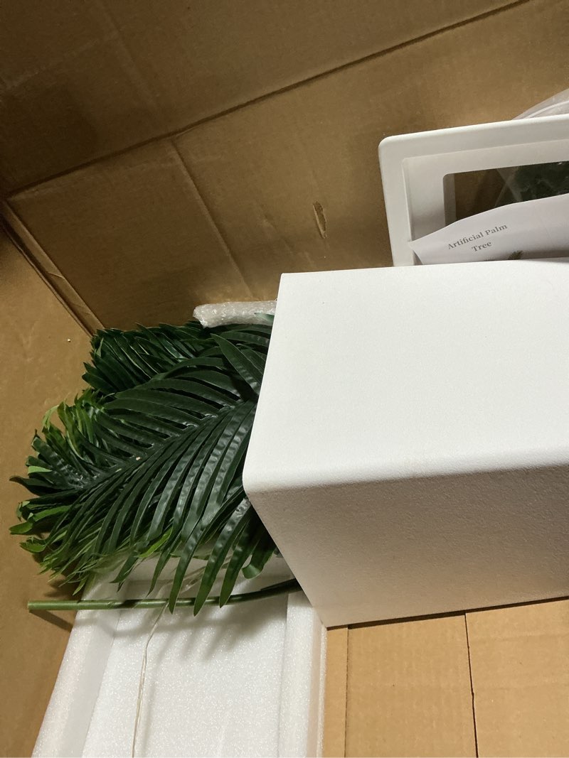 Condition photo showing As Is for 6FT Artificial Palm Tree, Tall Faux Palm Tree Indoor with Fake Plants Tall, Artificial Plants with Lifelike Leaves for Home Office Decor (White) White-6ft