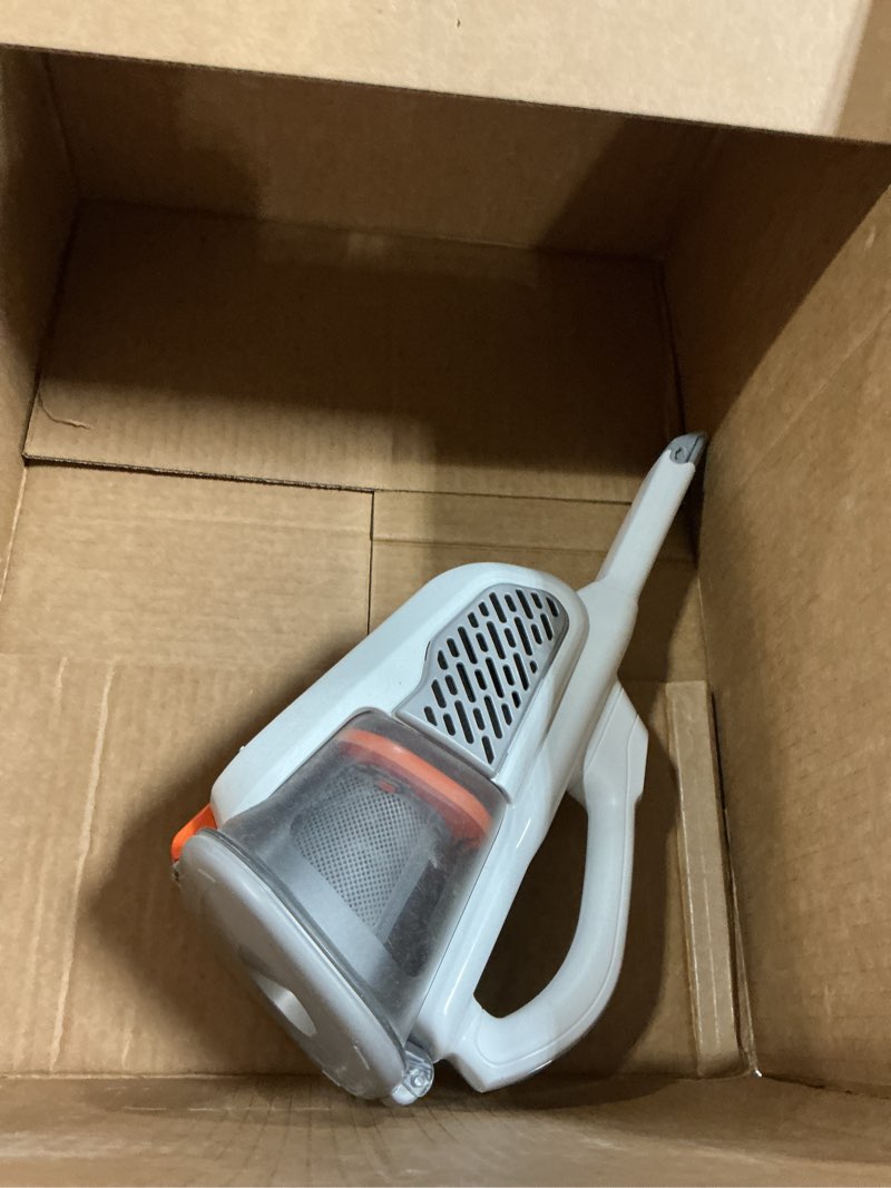 Condition photo showing As Is for black+decker dust buster hand held vacuum cordless rechargeable, portable vacuum for car, extended runtime, powerful suction, extra long crevice tool, advancedclean+ (hhvk320j10) 12v white