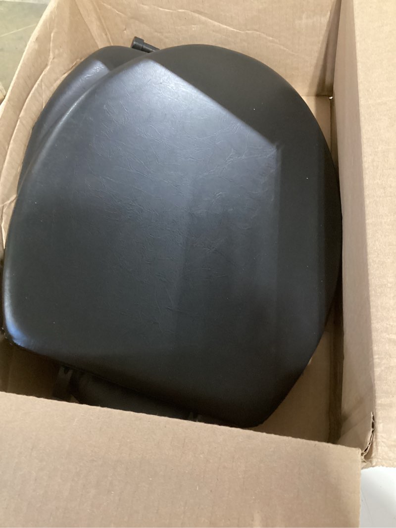 Condition photo showing Good Condition for mayfair padded toilet seat, cushioned soft vinyl over wood core seat, secure hinges, easy clean, made in usa, round, black
