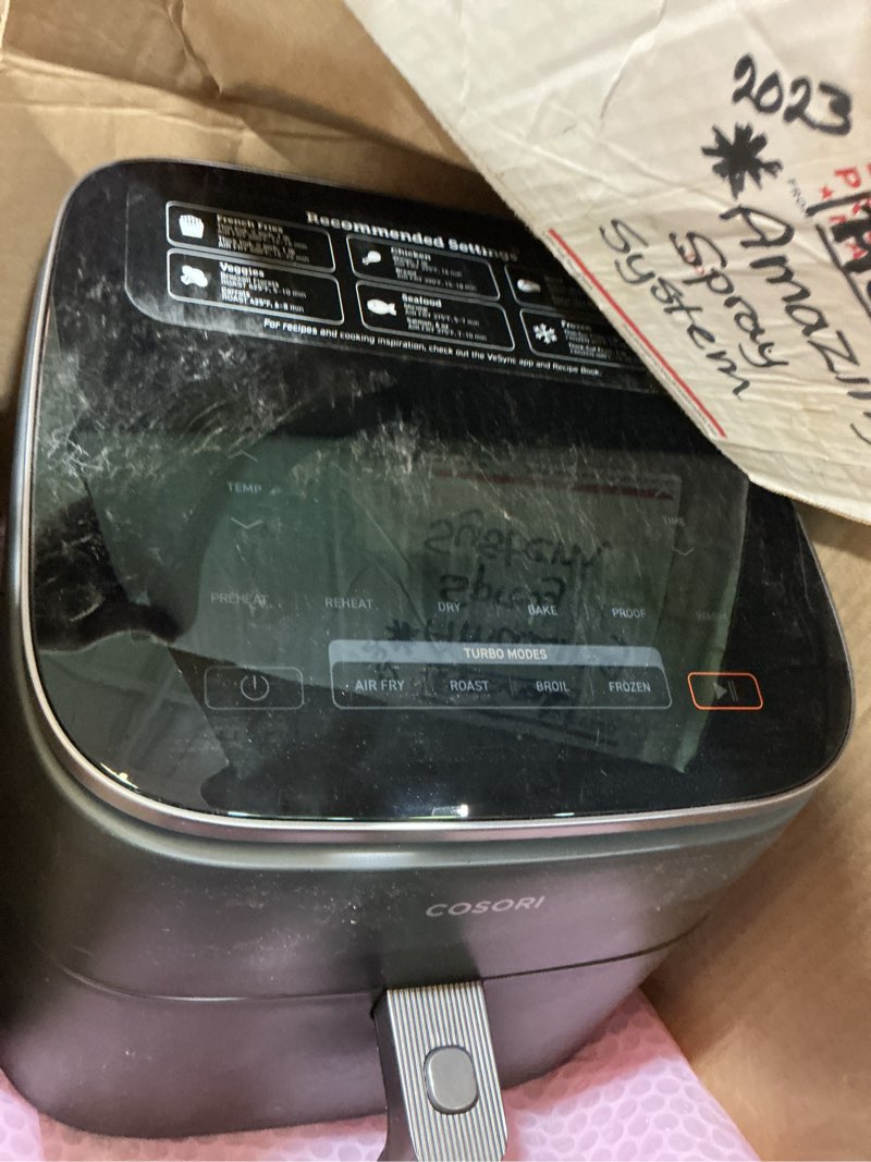 Condition photo showing As Is for cosori 9-in-1 turboblaze air fryer 6 qt, pfas-free ceramic coating, 90°–450°f, precise heating for even results, air fry, roast, bake, broil, dry, frozen, proof, reheat, keep warm, 120v, dark gray dark gray 6qt