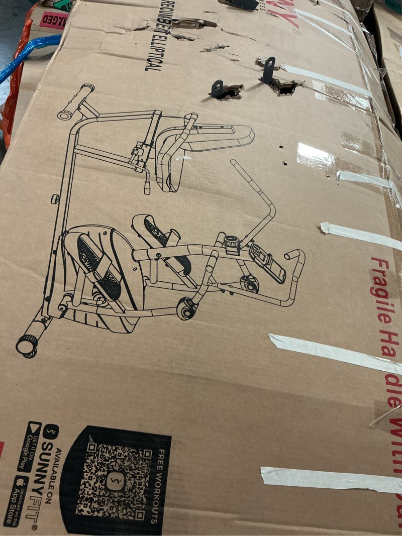 Condition photo showing As Is for sunny health & fitness smart recumbent bike, full-body home training with arm/leg exercisers, indoor cycling workout machine plus adjustable seat & bulit-in pulse sensors, free sunnyfit app connection recumbent elliptical