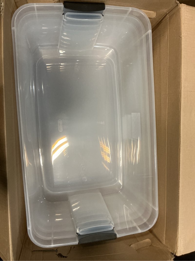 Condition photo showing Good Condition for (Incomplete, only 3 pack)Sterilite 4-Pack Ultra Latching Box, Storage Bins with Lids, Clear Plastic, 116 Quart - Heavy-Duty Organizing Containers for Closet, Bathroom, and Office 116 Quart 4-Pack Solid