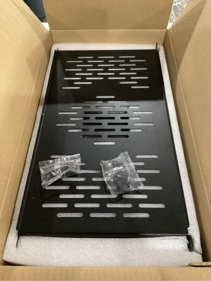 Condition photo showing Good Condition for riveco 2pcs 1u rack shelves, 19” cabinet mount 1 u tray vented cantilevers for computer case shelf mounting, 10 inches 25cm depth, black