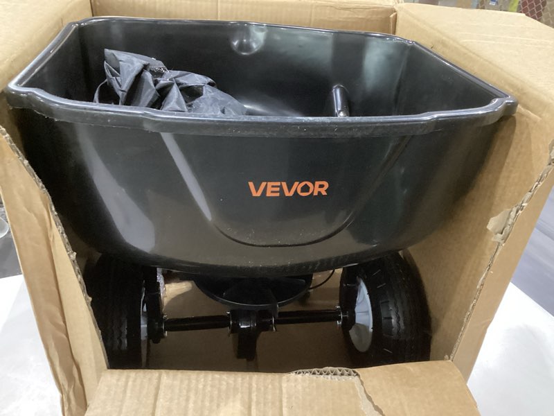 Condition photo showing Good Condition for vevor walk behind spreader, 60lbs capacity, push spreader with hopper grate, 0-9.8 ft spreading width, 8 in all terrain pneumatic tires, garden & lawn broadcast spreaders, for seed, fertilizer 60lb white hubs + black components
