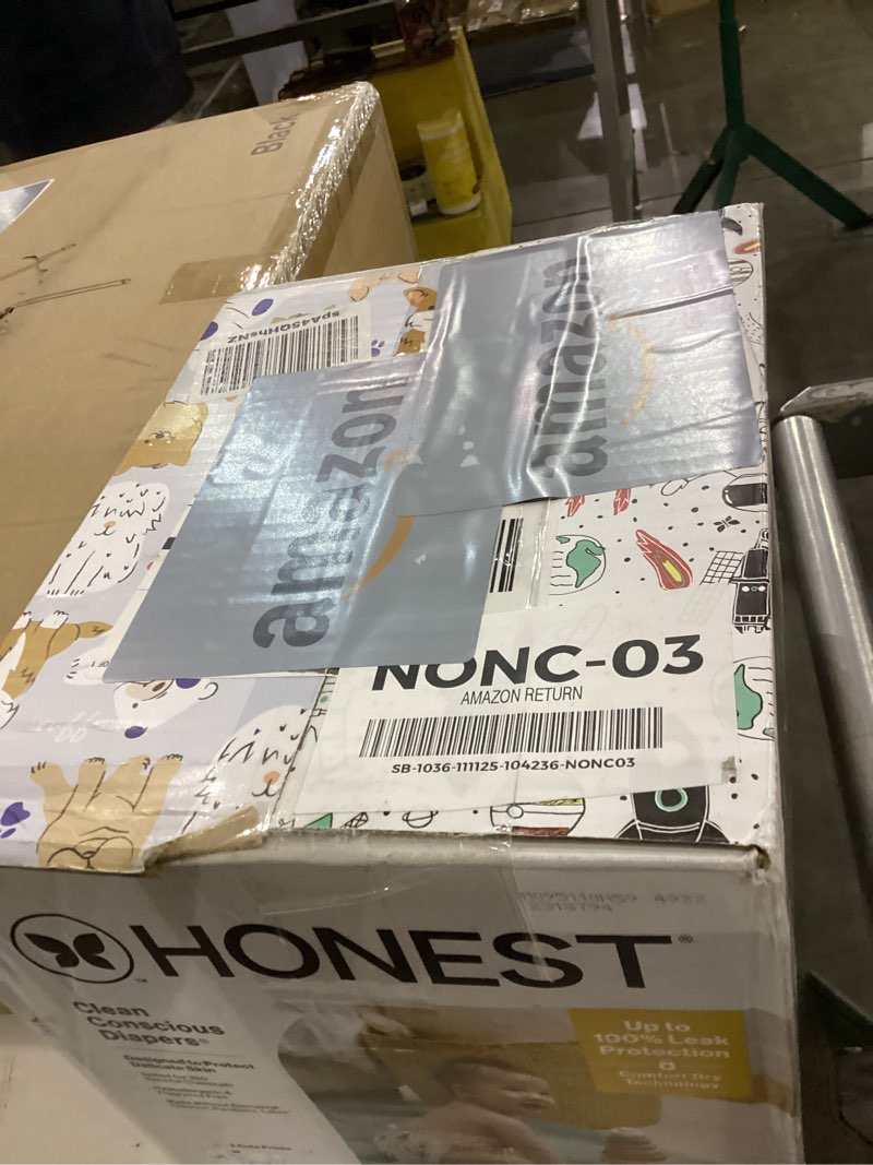 Condition photo showing New/Like New for The Honest Company Clean Conscious Diapers for Delicate Skin | Up to 100% Leakproof | Hypoallergenic, Fragrance Free | Gender Neutral | Club Box, Size 3 (16-28 lbs), 62 Count (Prints May Vary) Size 3 (62 Count) Space Travel + It's a Pawty