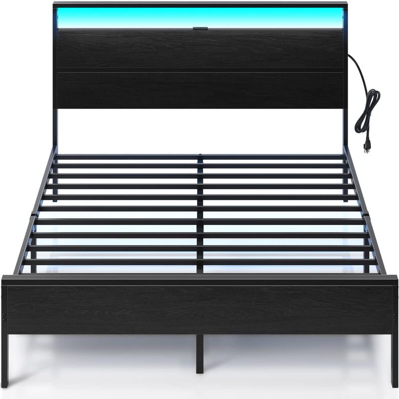 (Incomplete, 2 box of 2) Rolanstar Bed Frame with Charging Station, Queen Bed with LED Lights Headboard, Metal Platform, Strong Metal Slats Support, 10.2