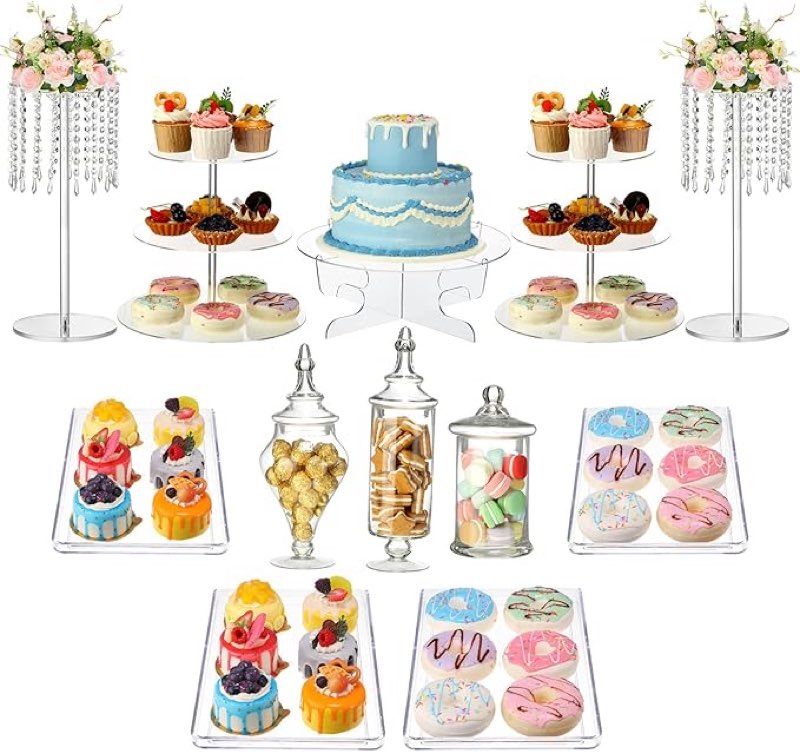 Lallisa 12 Pcs Dessert Table Display Set, Include Acrylic 3 Tier Cupcake Stand, Glass Candy Jar, 1 T