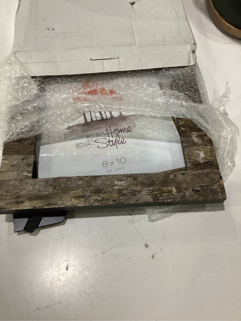 Condition photo showing As Is for eosglac rustic 8x10 wooden picture frame, handmade with real birch bark, easel back, natural wide molding 8x10