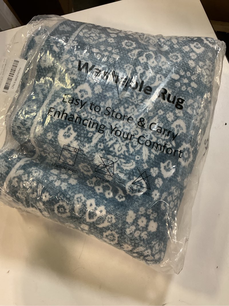 Condition photo showing New/Like New for vintage runner rugs for hallway 2x10, blue and white washable long hallway runner rug non slip, super soft kitchen runner rug, print faux wool floral thin carpet hall runner 2' x 10' (runner) blue white with subtle greenish hue