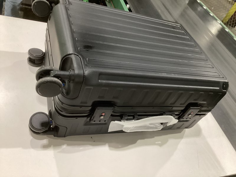 Condition photo showing As Is for luggex carry on luggage with spinner wheels, 8010s aluminum frame zipperless polycarbonate hard shell suitcase with packing cubes and shoe bag (zx-core, black, 21 inch) black 5 piece set (3 cubes/shoe bag/21), used