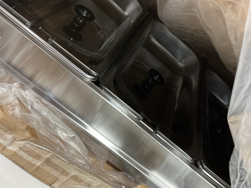 Condition photo showing As Is for elite gourmet ewm-6171 triple 3 x 2.5 qt. trays, buffet server, food warmer temperature control, clear slotted lids, perfect for parties, entertaining & holidays, 7.5 qt total, stainless steel 7.5 quart