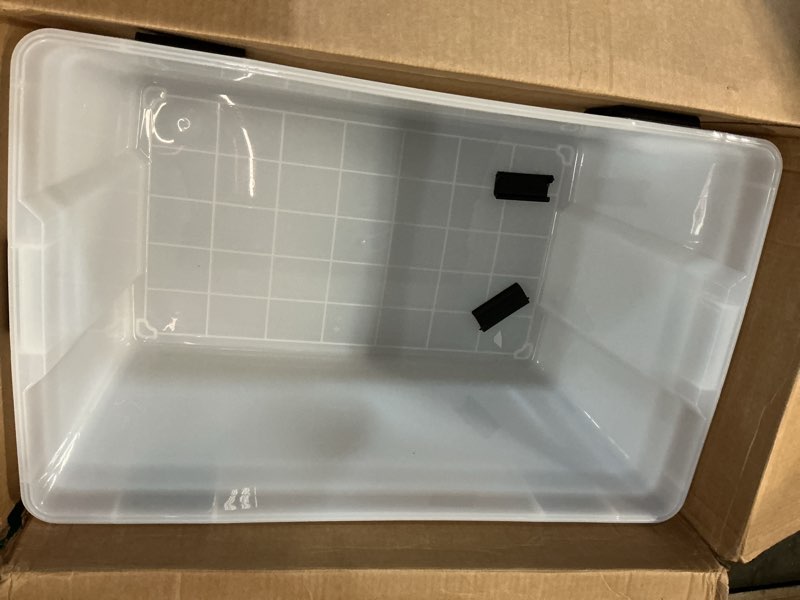 Condition photo showing As Is for IRIS USA WeatherPro 156 Qt Storage Bins with Lids, 3 Pack, BPA-Free Plastic Gasket Box with Tight Latch and Seal, Stackable Nestable Tote Tub - Clear/Black 156 Qt. - 3 Pack