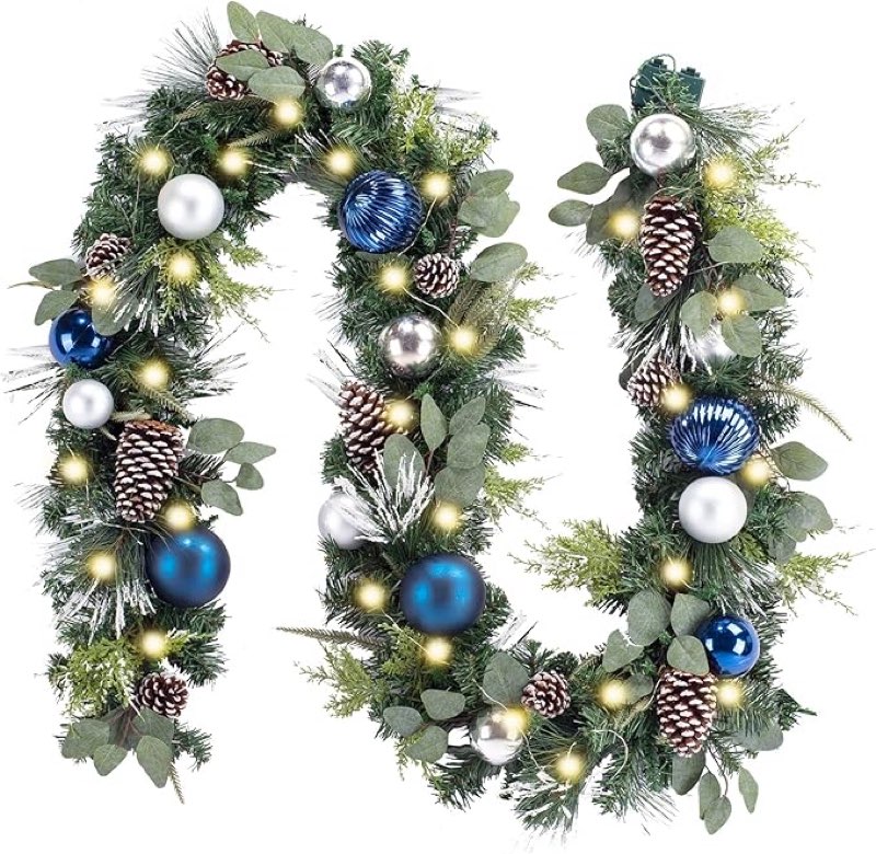wanna-cul pre-lit 9 feet/108 inch christmas garland with lights for front door silver blue lighted christmas mantel garland decoration with ball ornaments, pine cones, battery operated 50 led