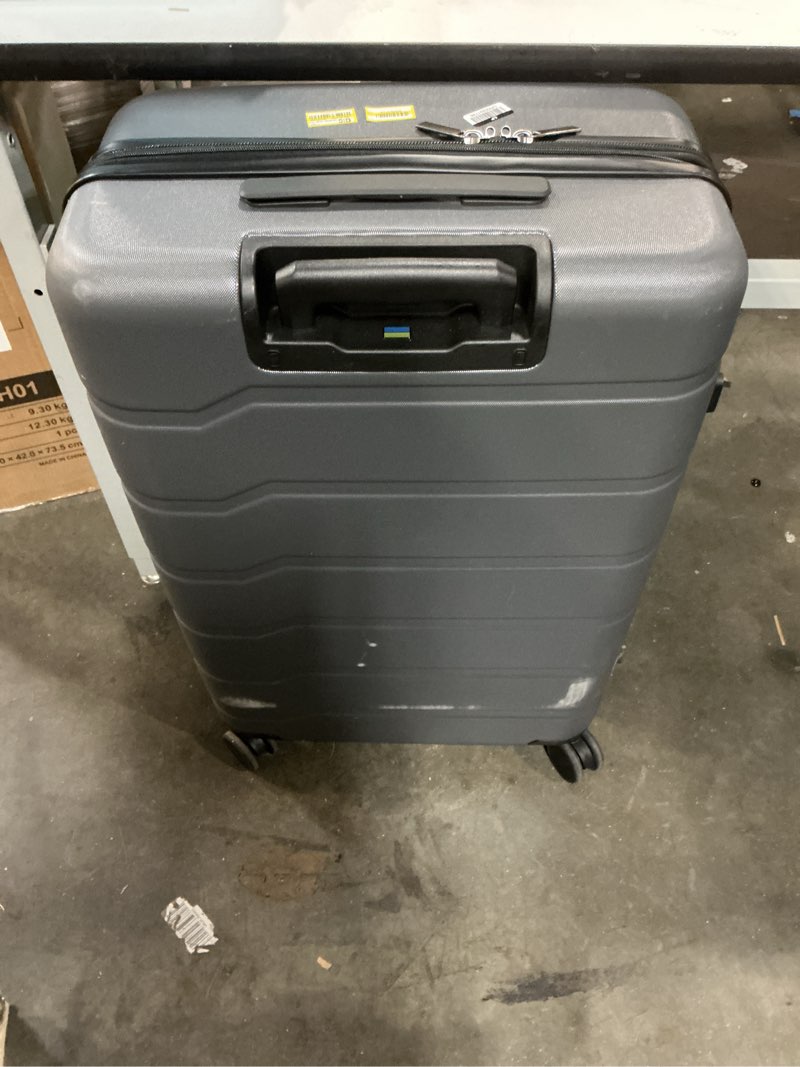 Condition photo showing As Is for hardside medium checked spinner wheels suitcase gray - open story