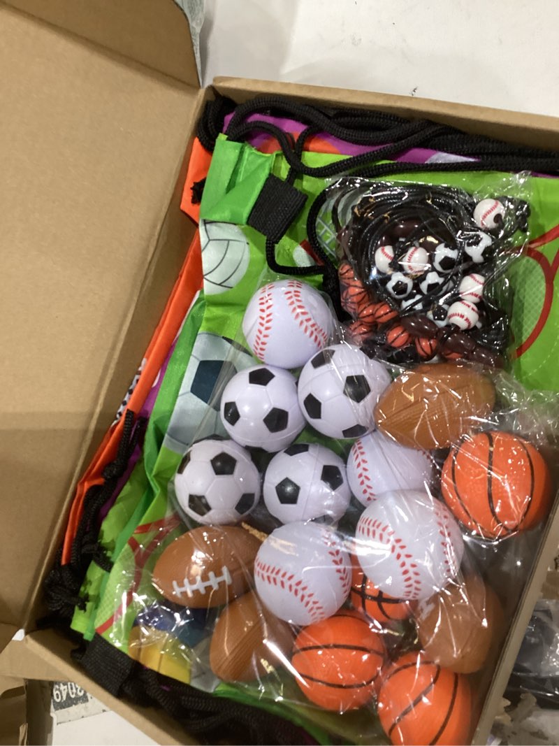 Condition photo showing New/Like New for panelee 16 sets sports party favors supplies include 16 pcs balls drawstring bags string backpack 16pcs sport theme charm bracelets 16 pcs mini foam sports balls for sports birthday party supplies
