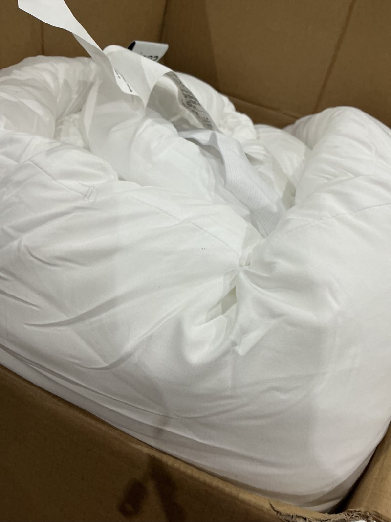Condition photo showing As Is for coop home goods essence down alternative mattress topper queen, plush 2-inch gusset and baffle box design for even support and comfort, premium bed topper for pressure relief, oeko-tex certified