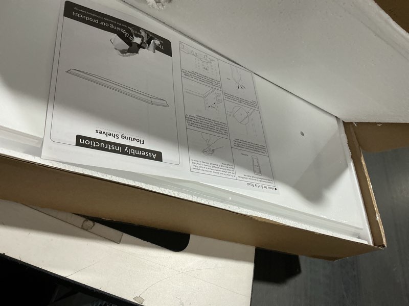 Condition photo showing New/Like New for Fun Memories Floating Shelves 24 Inch Long, 9.3 Inch Deep Classic Crown Molding Floating Shelves for Wall, Rustic Wooden Shelves for Wall Decor Bathroom, Kitchen, Office, (White, 2Pack) White 24" - 2 Pack