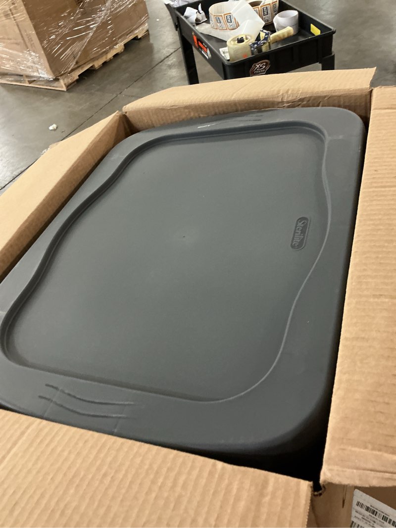 Condition photo showing As Is for sterilite   tote, plastic storage bin with snap-on lid, gray, 8 pack