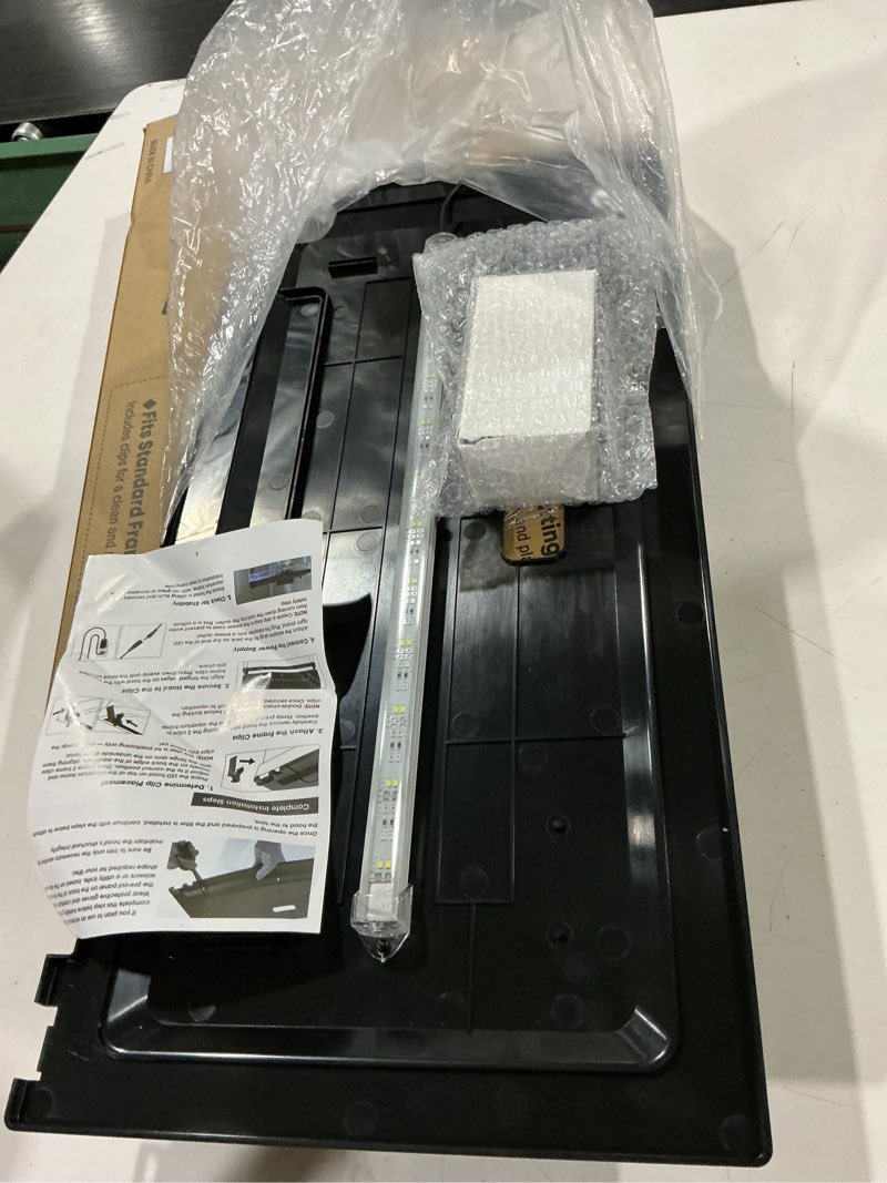 Condition photo showing As Is for led aquarium hood, fish tank cover with adjustable-brightness colored light tubes, replaceable full-length bulb, fits 24-inch framed aquariums, black