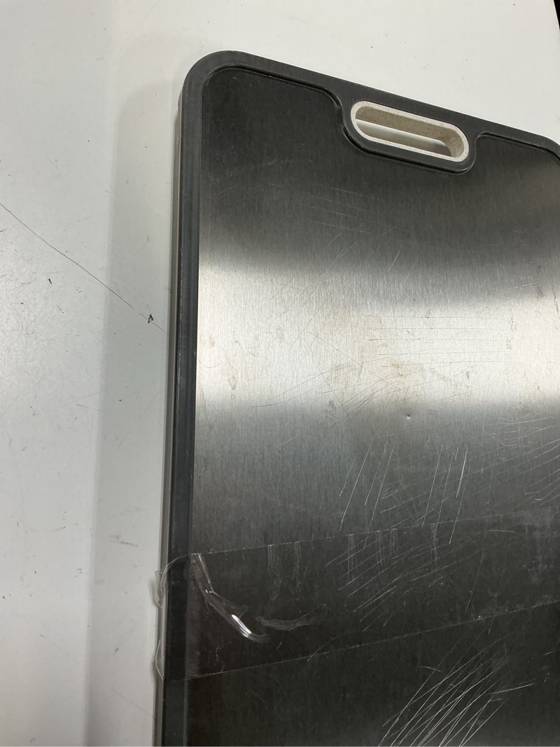 Condition photo showing As Is for titanium cutting board for kitchen, double sided chopping board, 99.9% pure titanium & pp, non-porous, odor resistant, safe for raw & cooked food, easy to clean, large 15”×10.3” silver set of 1 (16" x 11")