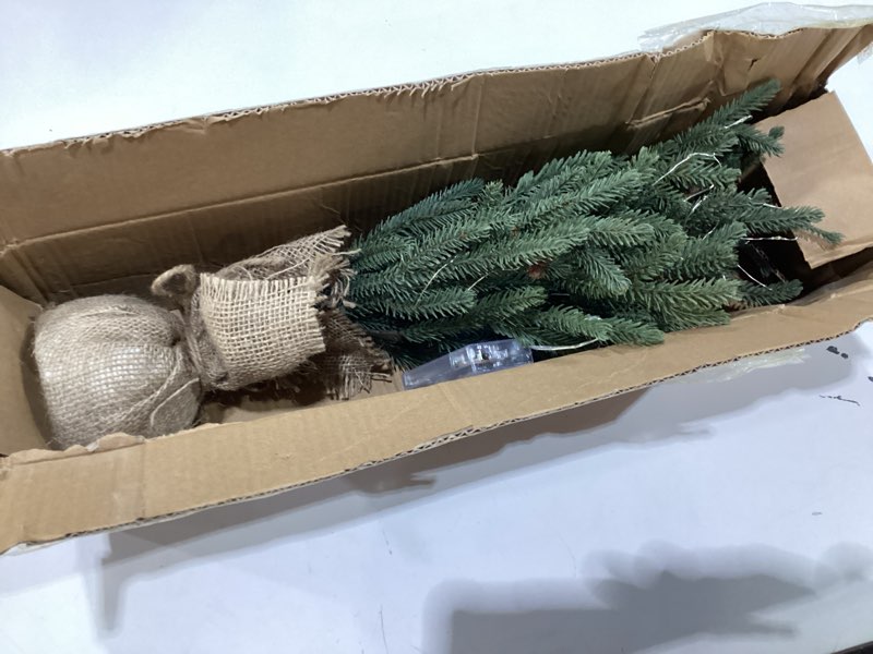 Condition photo showing Good Condition for 22" Mini Christmas Tree, Small Artificial Tabletop Christmas Trees Decor with Lights, Outdoor Indoor Porch Table Centerpieces Xmas Christmas Decorations Dark Green