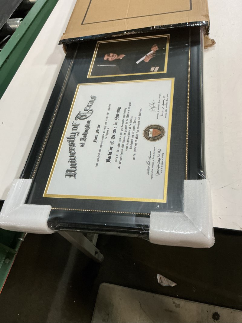 Condition photo showing New/Like New for graduatepro picture frame - black frame with gold rim, 11x22 inches, document/certificate & 5x7 photo, double mat, real glass, tassel holder, vintage collection black frame - black over gold 11x22