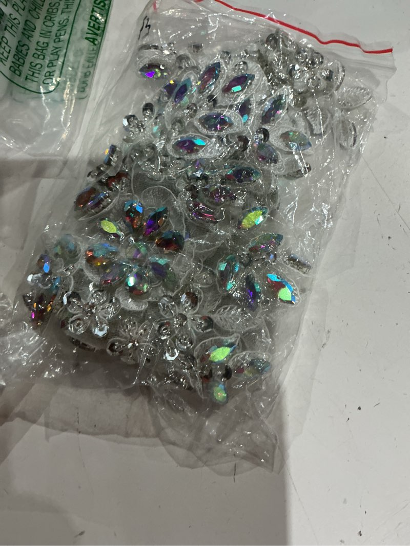 Condition photo showing Good Condition for handmade rhinestones on lace applique sewing beads sequins trim patches for wedding dress accessories 1 pair/bag (clear ab)