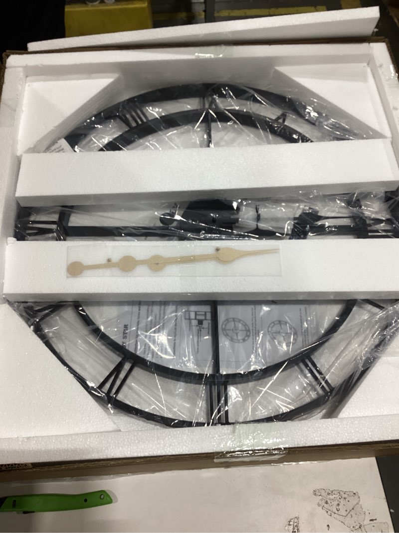 Condition photo showing New/Like New for andy star large wall clocks for living room decor, 24" big metal silent clocks battery operated, modern oversized black round wall clock, non-ticking, roman numerals vintage industrial decorative