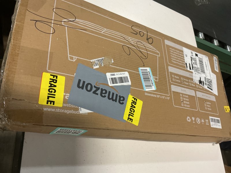 Condition photo showing New/Like New for STORAGEBUD Storage Ottoman Bench with Bins, 30-in Storage Bench for Bedroom End of Bed, Folding Foot Rest Ottoman for Living Room Max 660lbs, Faux Leather Ottomans, Taupe 07 - Taupe Leather 15"D x 30"W x 15"H