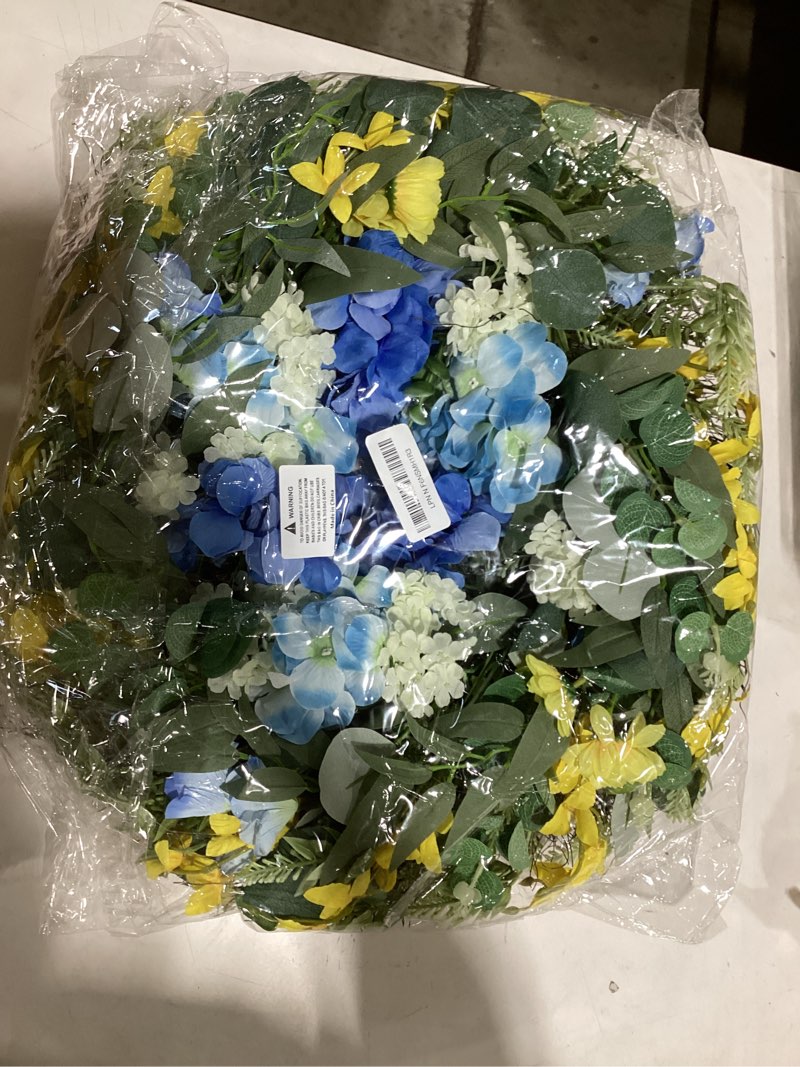 Condition photo showing Good Condition for pinkpuii 26 inch spring wreaths for front door outside– large artificial summer wreath with blue hydrangea, white peony flowers and eucalyptus leaves– indoor outdoor porch farmhouse home wall décor