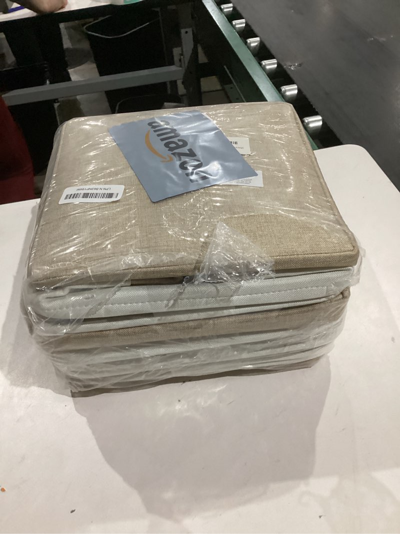 Condition photo showing New/Like New for 12 x 12 Inch Cube Storage Bins, 6 Pack Large Collapsible Fabric Storage Bin with Ropes, Foldable Storage Cubes for Home, Office,Closet, Clothes, Toys Organizer (White & Beige) White&Beige-12"x12"x12"