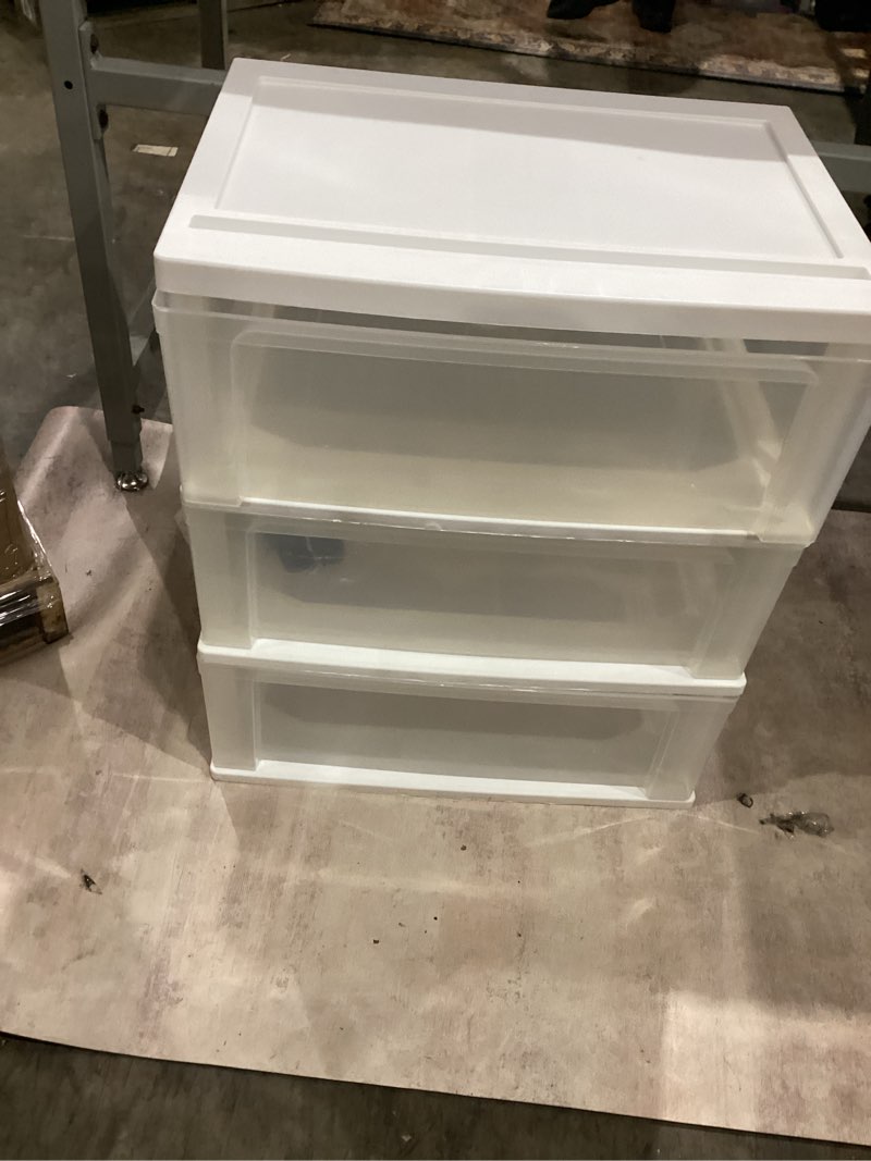 Condition photo showing Good Condition for plastic drawer storage organizer rolling cart, with wheels casters, 3-drawers, for art craft supplies bathroom dorm bedroom laundry room, wide, white