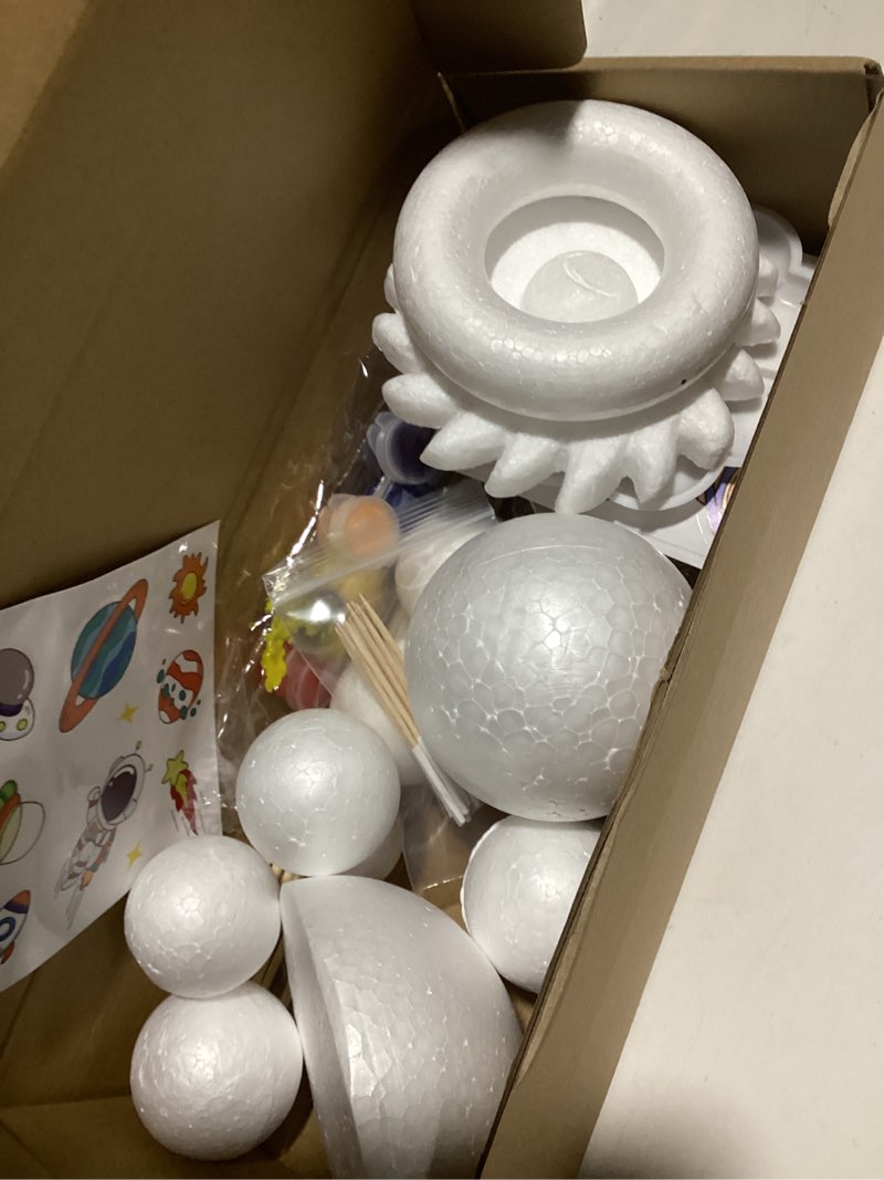 Condition photo showing As Is for Rejopfad Solar System Model Kit for Crafts, Solar System Project Kit Include Foam Balls, Color Pigments, Paint Tray Palette, Brushes, Sticks, Flags, Stickers (58 Pack Set)