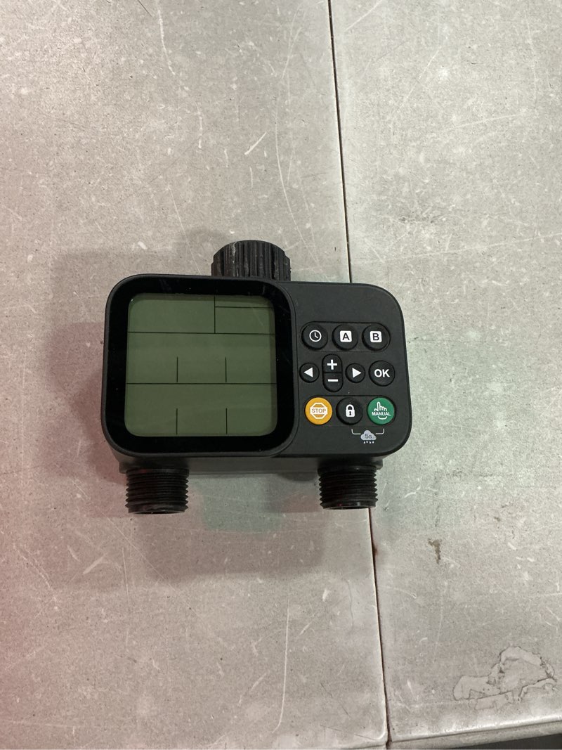 Condition photo showing Good Condition for sprinkler timer for garden hose with auto rain delay, 2 zone water timer with 3.3“ large lcd, ip54 waterproof drip irrigation system watering timers for plant, yard, lawns, outdoor
