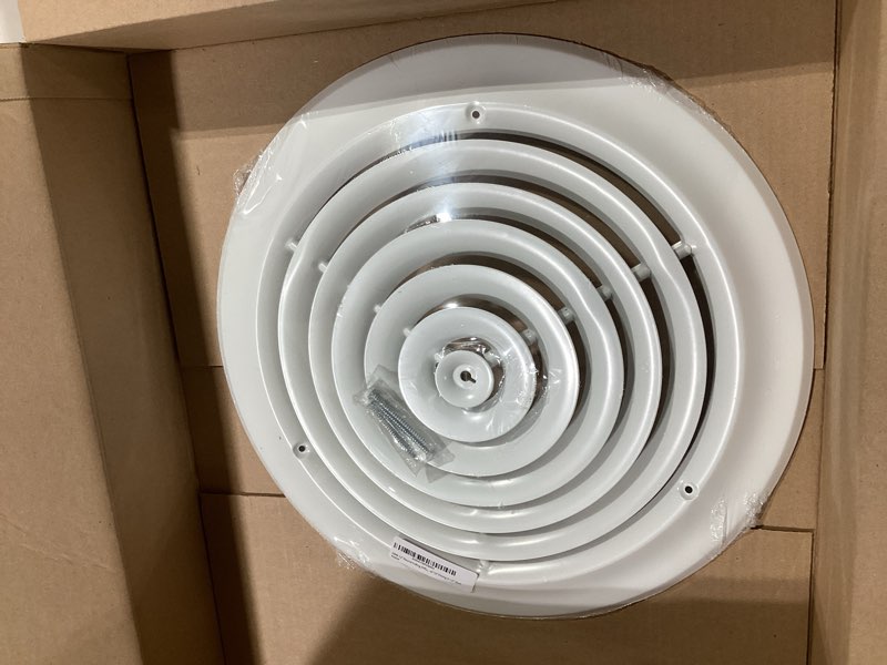 Condition photo showing New/Like New for hbw 12" round ceiling diffuser white powder coated with outside dimension of 16" fitting in 12" duct
