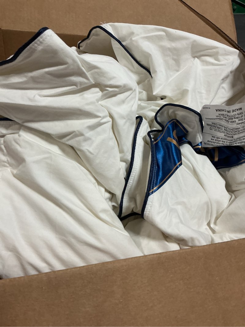 Condition photo showing As Is for DOWNCOOL Feather Comforter Oversized Queen, 100% Cotton White Duvet Insert, All Season Ultra Soft Hotel Collection Bedding Comforters with Corner Tabs, Oversized Queen Size 98 x 98 Inch White Oversized Queen