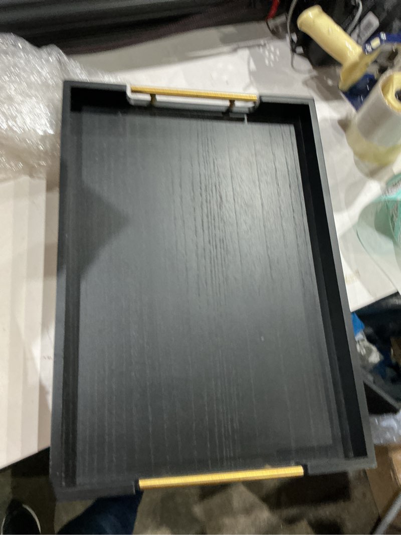 Condition photo showing Good Condition for 14x20 inches black faux leather wrappen wood serving tray with metal handles for various occasions, ottoman, home decor decorative, living room, coffee table organizer, serving breakfast on bed black 20" x 14" x 2"