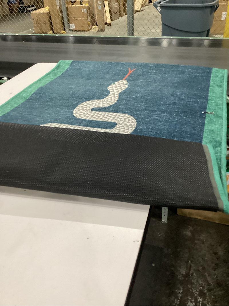 Condition photo showing As Is for RUGGABLE x Jonathan Adler Machine Washable Modern Runner Rug – Tiger Emerald 2.5x7, Stain-Resistant,