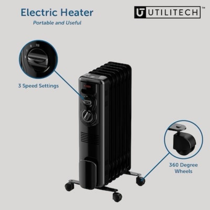 utilitech 1500 -watt oil-filled radiant utility indoor electric space heater with thermostat