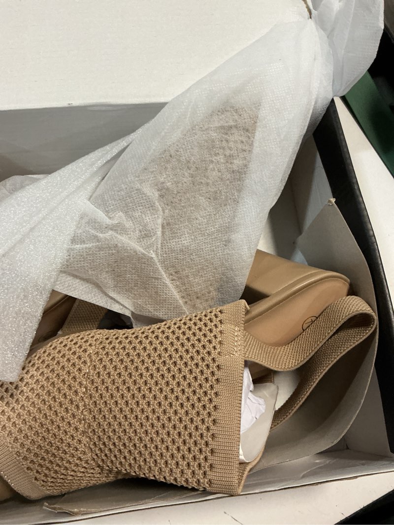 Condition photo showing New/Like New for mysoft women's knit chunky block high heels elastic slingback open toe 3 inch heeled sandals 7 wide almond