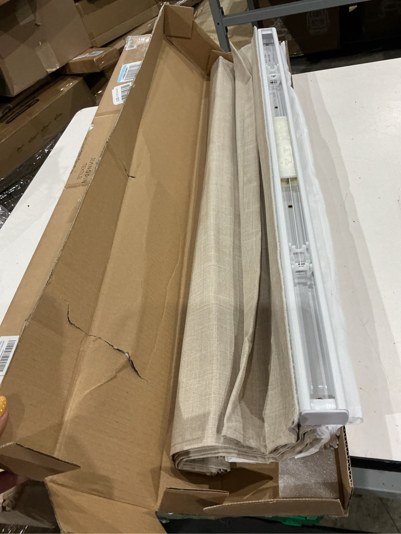 Condition photo showing As Is for chicology cordless roman shade, light filtering privacy liner, textured belgian flax fabric, true-to-size 31" w x 64" h, inside/outside/ceiling mount window treatment for living room bedroom belgian flax (privacy & light filtering) 31"w x 64"h