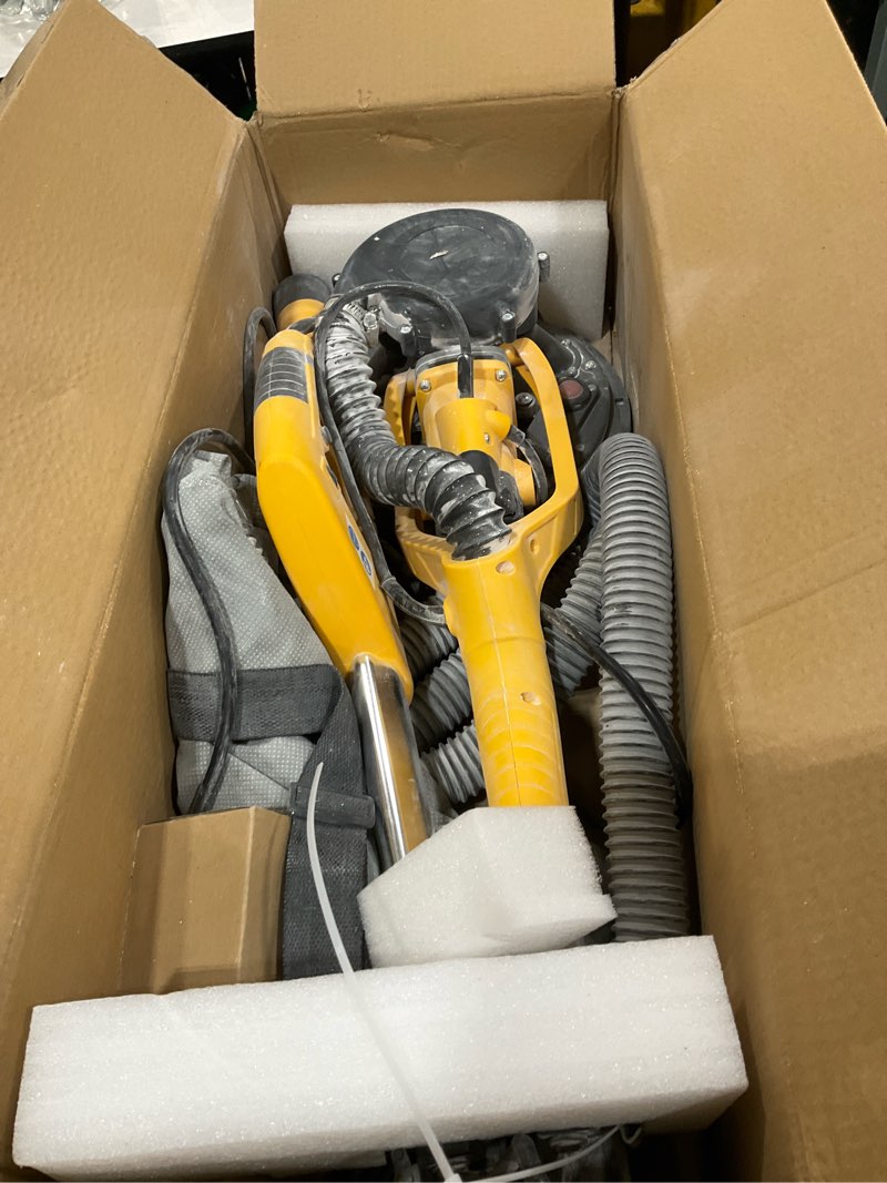 Condition photo showing As Is for drywall sander tool, kuperia 8.5 amp popcorn ceiling removal tool with 7 variable speed 800-1800rpm, electric drywall sander with extendable handle, led light,6 basic sand paper & 6 grid sandpaper yellow