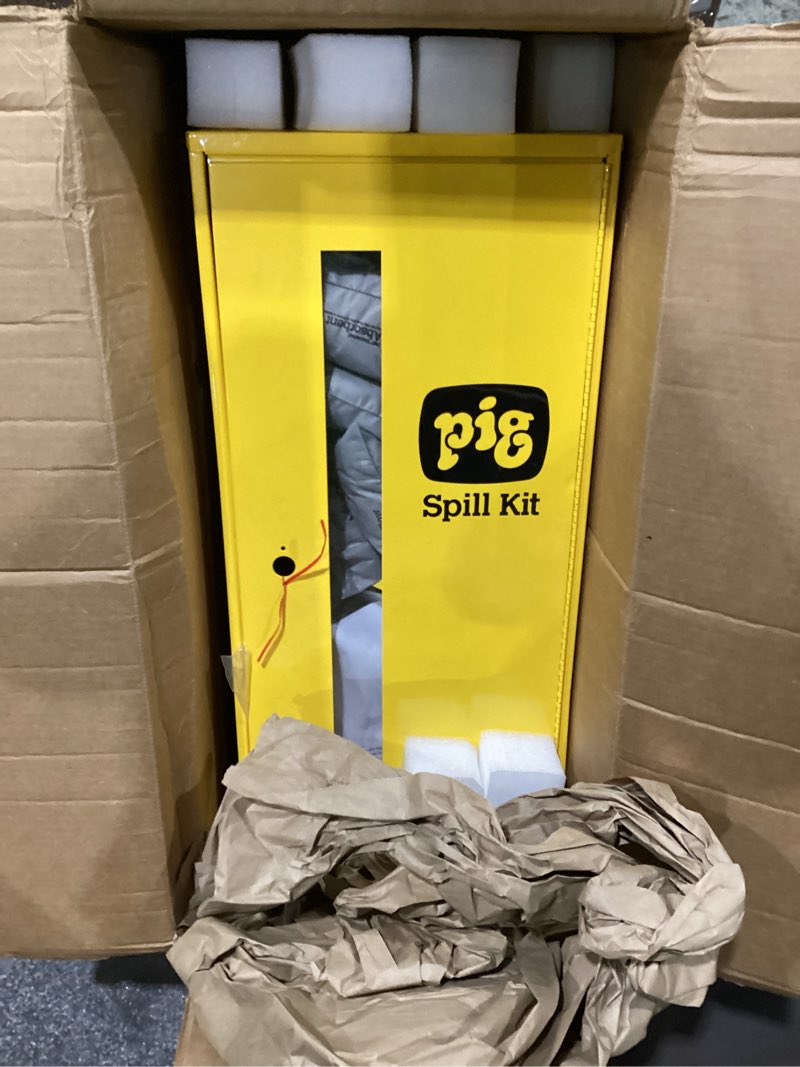 Condition photo showing As Is for missing handle and missing parts of spill kit pig spill kit in small wall mount cabinet | absorbs up to 12-gallons | safety yellow | kit215