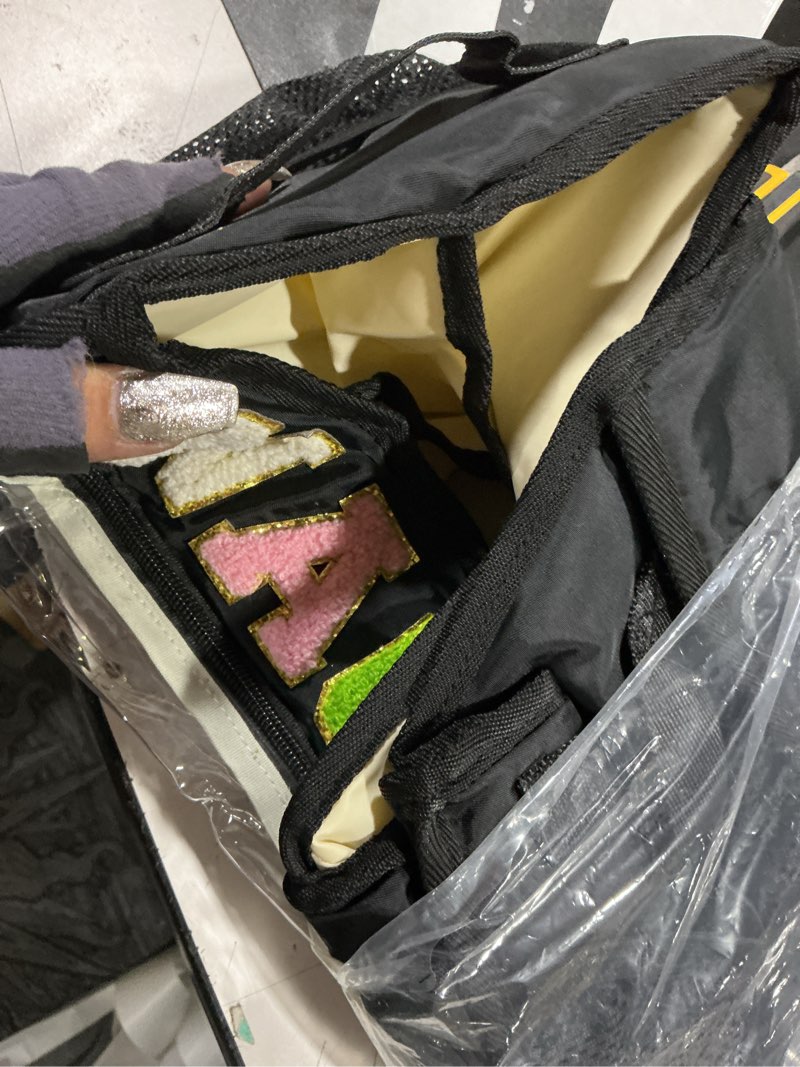 Condition photo showing Good Condition for fasrom large snack organizer for countertop, chenille letter snack basket organizer with 6 compartments, pantry storage bin with handles, food container snack box for chips, candy, and snacks, black