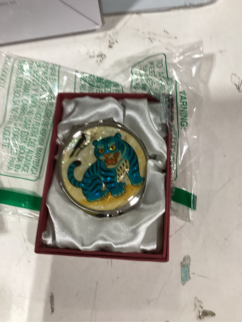 Condition photo showing Good Condition for February Mountain Mother of Pearl Compact Mirror – Dual Magnification Gift for Women, Mom, Sister – Birthday or Christmas Idea (1, Blue Tiger & Magpie) 1 Blue Tiger & Magpie