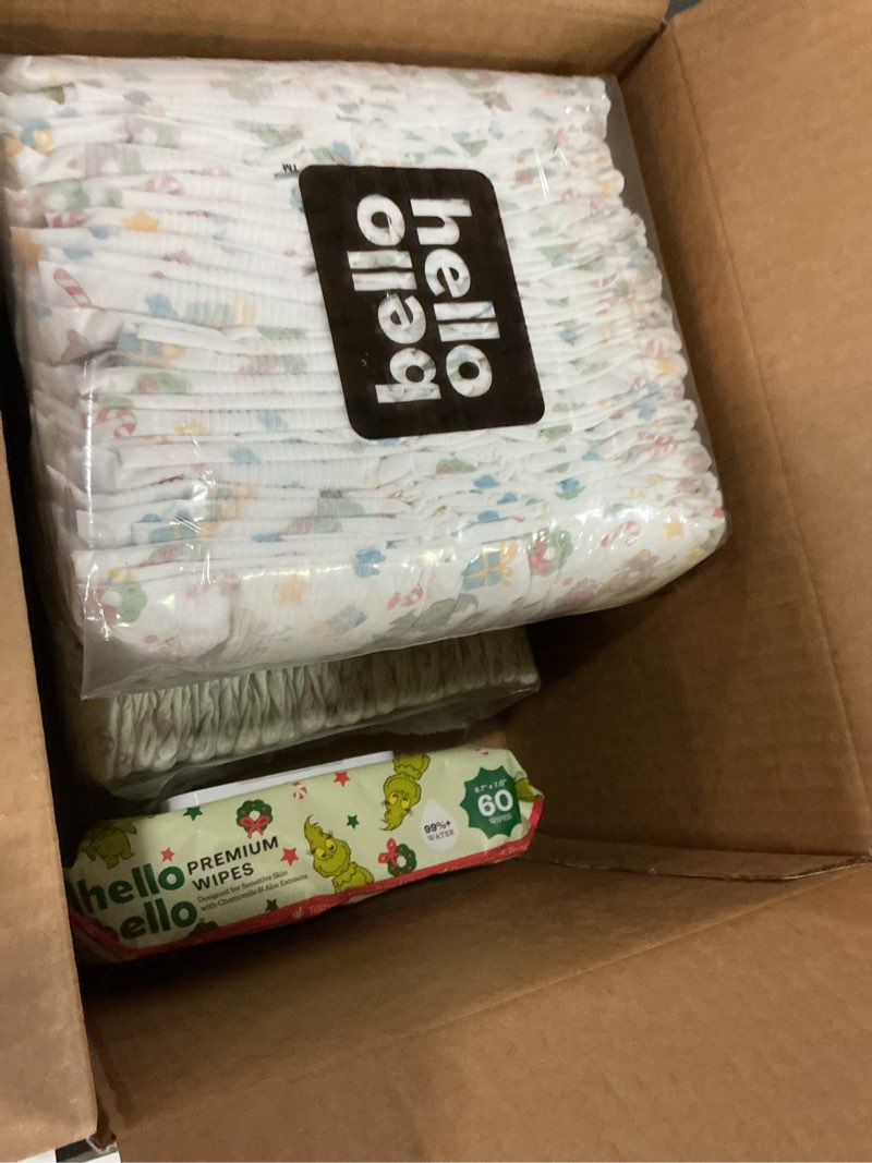 Condition photo showing New/Like New for Hello Bello Dr. Seuss Baby Grinch Premium Diapers, Size 5 (27+ lbs), 48ct Plus Bonus Wipes: Softness & Protection for Sensitive Skin Size 5 Dr. Seuss Baby Grinch