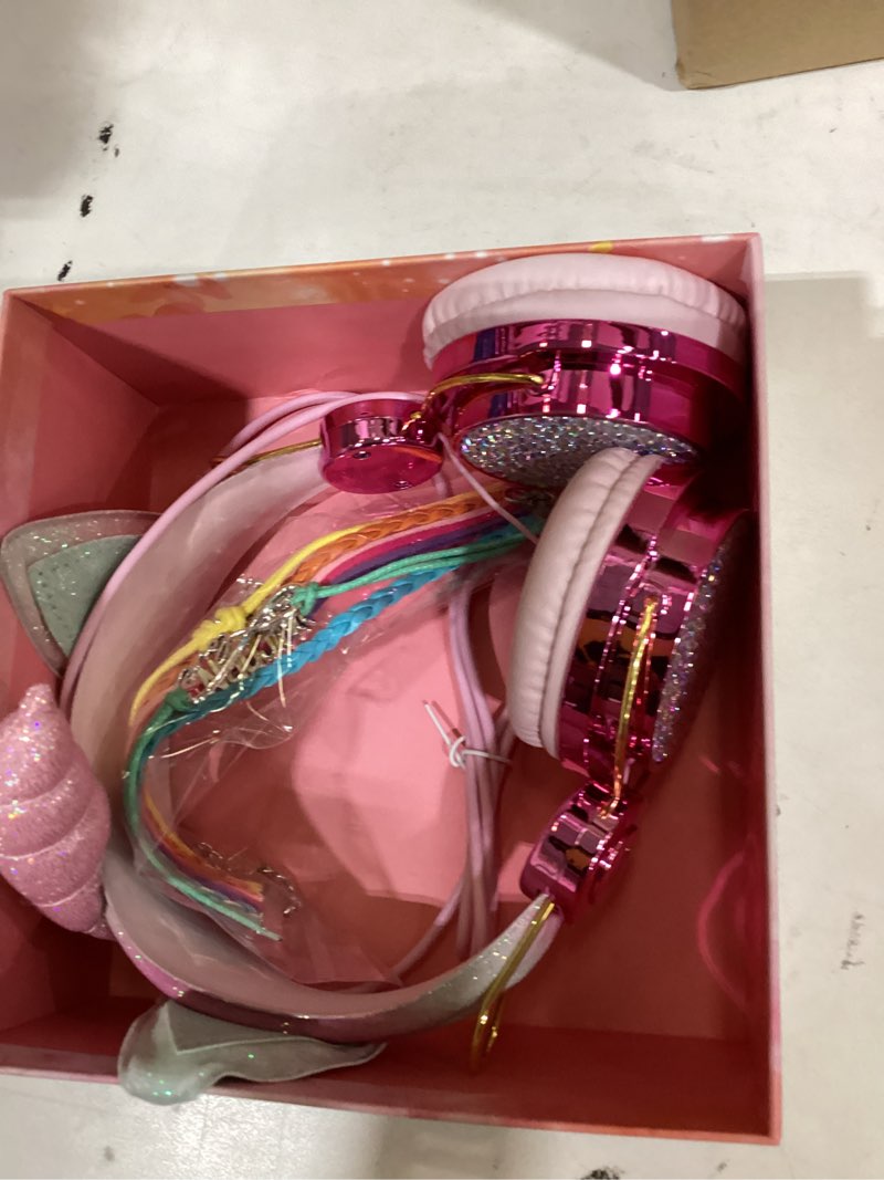 Condition photo showing New/Like New for tcjj unicorn kids headphones for girls children teens, wired headphones for kids with adjustable headband, 3.5mm jack and over on ear headset w/mic for school birthday xmas unicorn gift pink