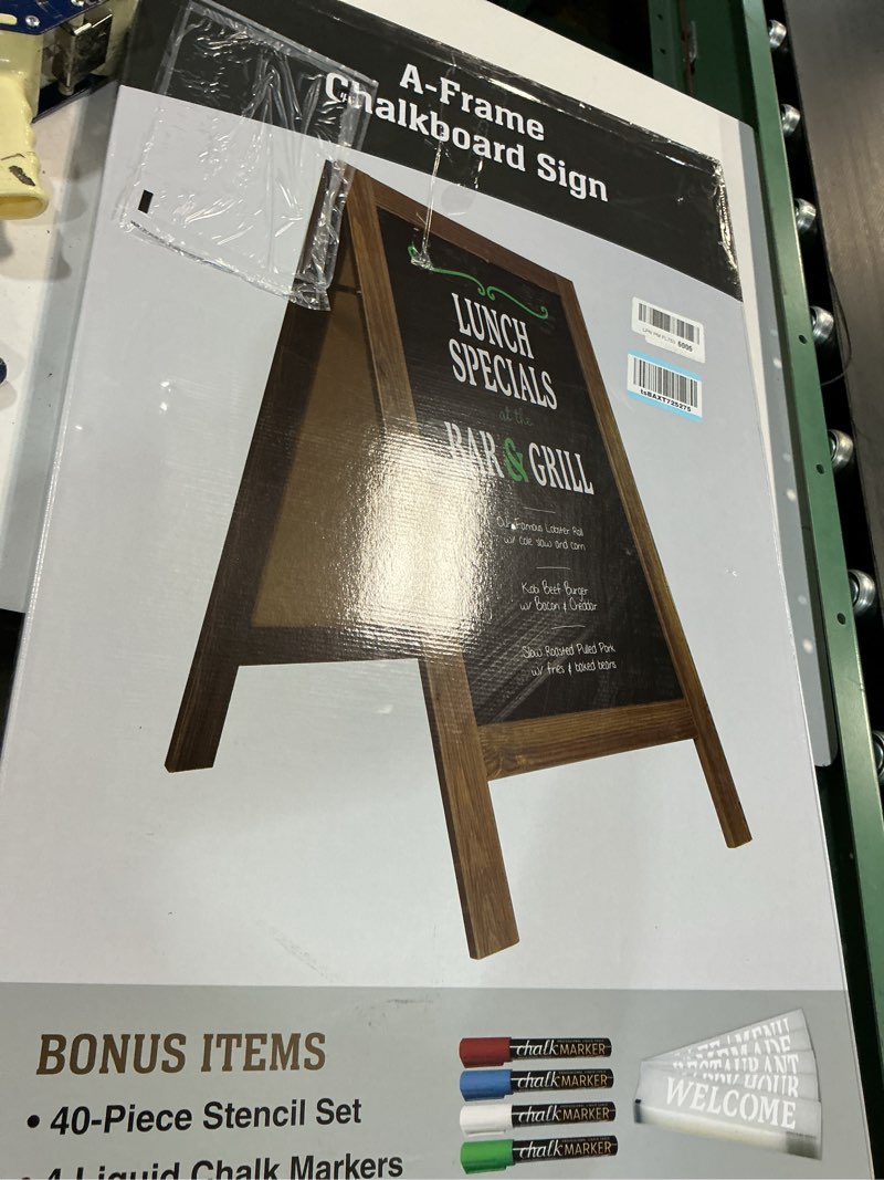 Condition photo showing New/Like New for towon large 40"x 20" wooden a-frame chalkboard sign, rustic standing outdoor sign, xl chalk board sandwich board signs, magnetic double-sided sidewalk board kits for cafe, restaurant, wedding display 20"w x 40"h